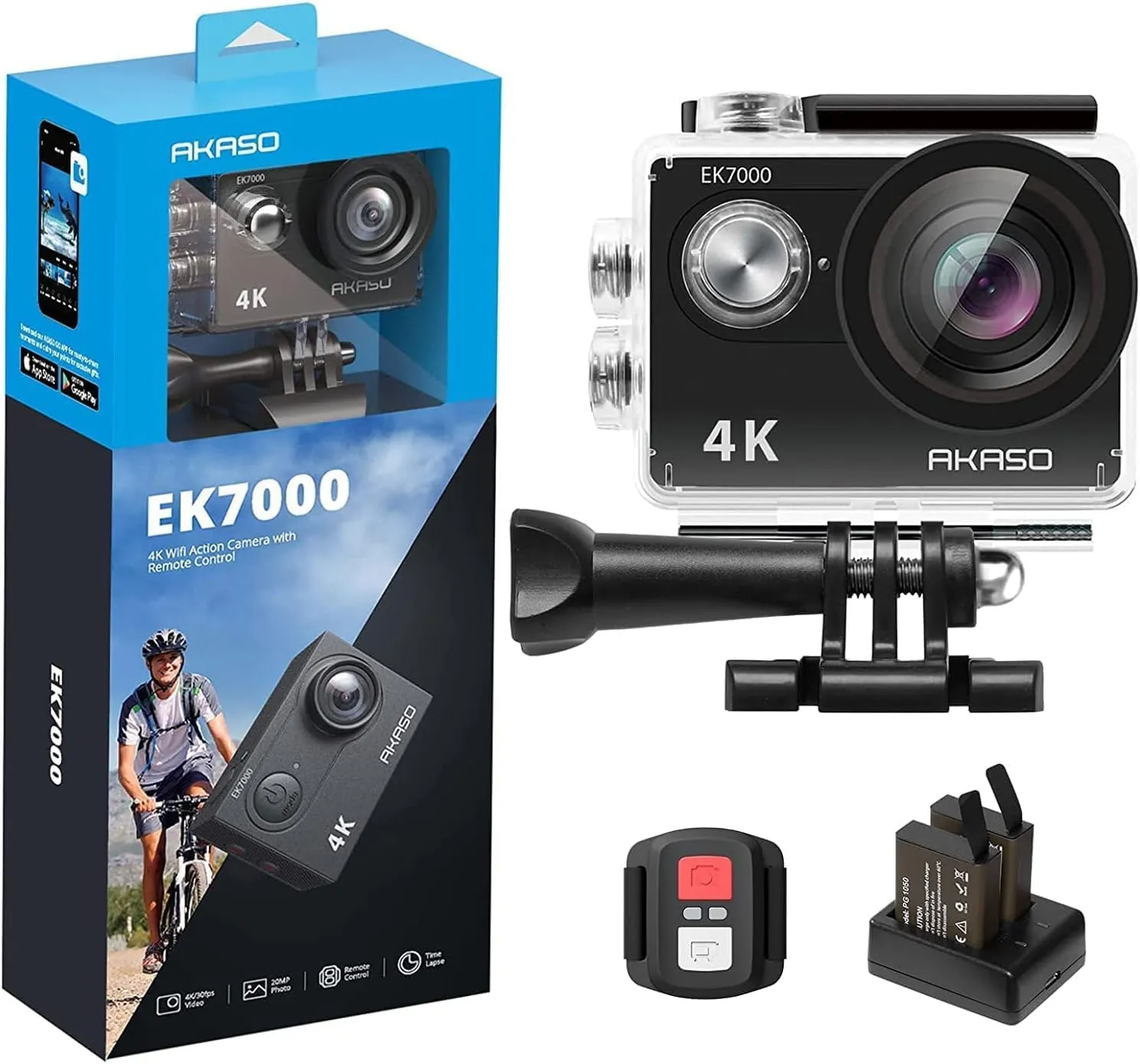 Bild von AKASO EK7000 Action Cam mit 4K Video, 20 MP, 170 Grad Weitwinkel und 2 Zoll LCD Bildschirm, inklusive 2 Akkus und Fernbedienung
