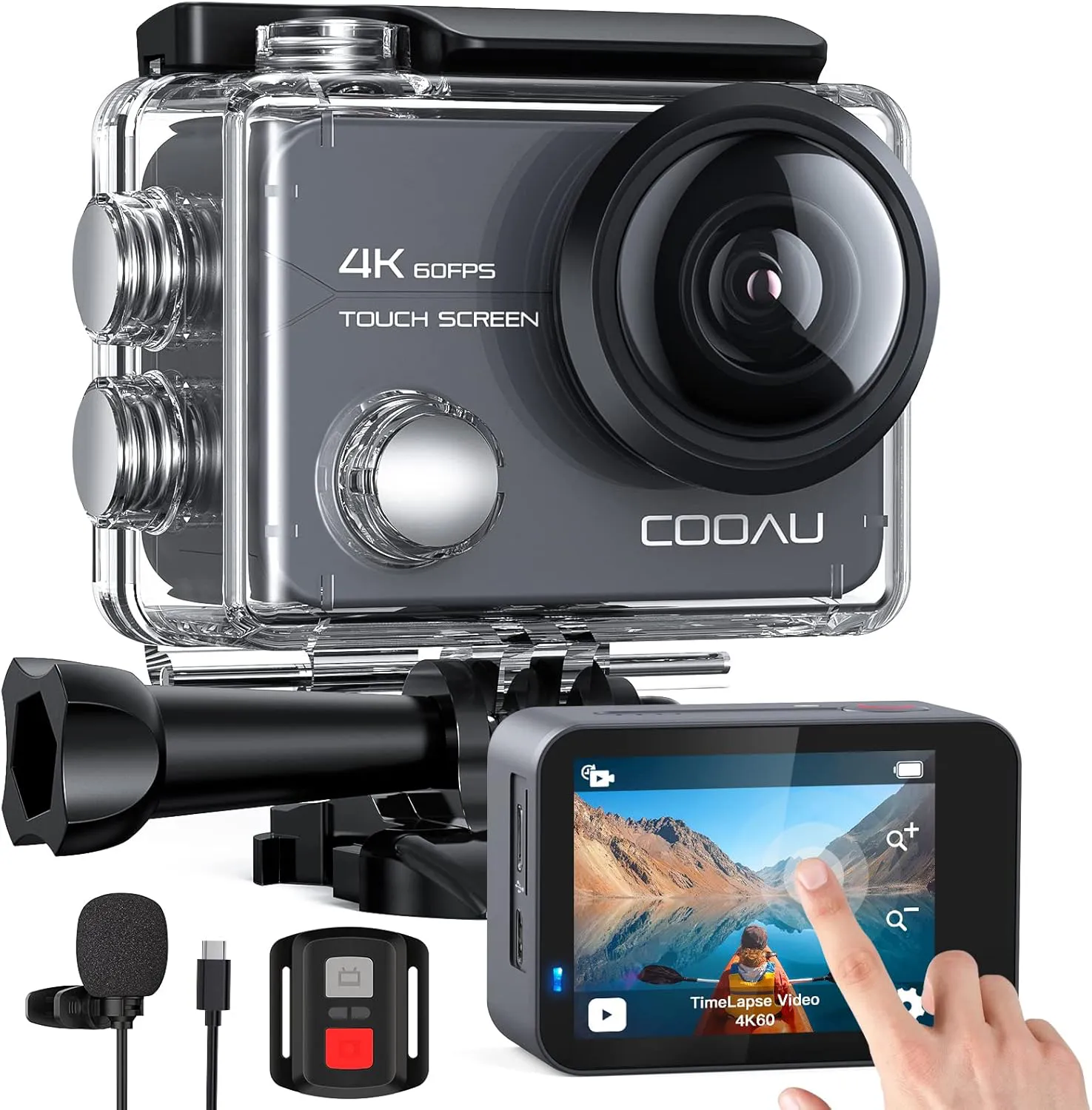 Bild von COOAU Action Cam 4K mit 20 MP, Touchscreen, WiFi, 8-fachem Zoom und 40 m wasserdichtem Gehäuse, inklusive externem Mikrofon und zwei 1350 mAh Batterien