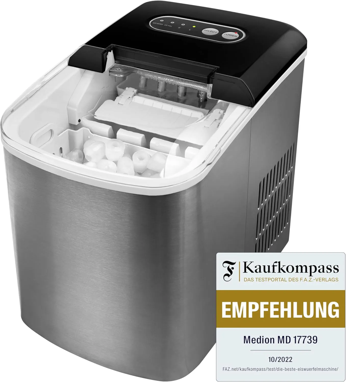 Bild von MEDION Eiswürfelmaschine MD17739 mit 2,2 Litern Wassertank, kurzer Produktionsdauer von 6 bis 12 Minuten und zwei wählbaren Eiswürfelgrößen