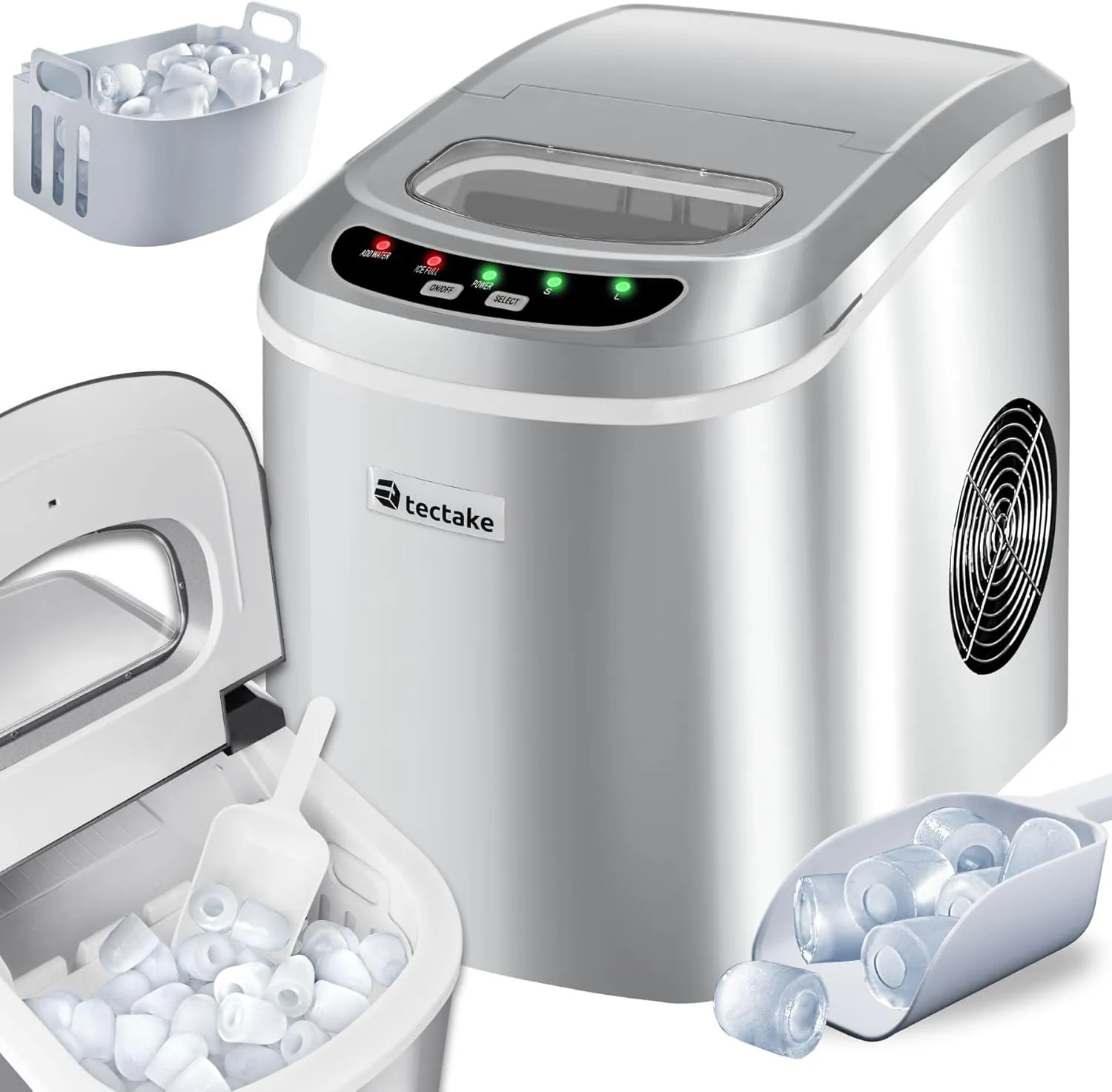 Bild von tectake Eiswürfelmaschine mit einer Produktion von 12 bis 15 kg in 24 Stunden und 2,4 Litern Wassertank, inklusive Eisschaufel und Eiseimer, in Silber mit zwei Würfelgrößen